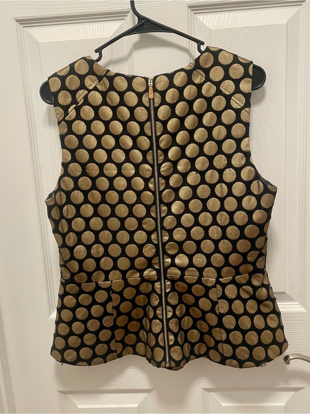 Vince Camuto Sleeveless Black and Gold Polka Dot Peplum Top - Picture 2 of 4